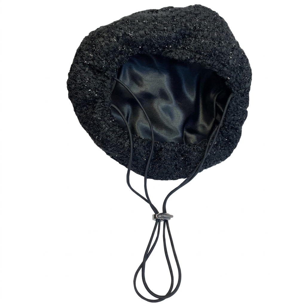 Square underside image of the black hat with the small left-side tag removed