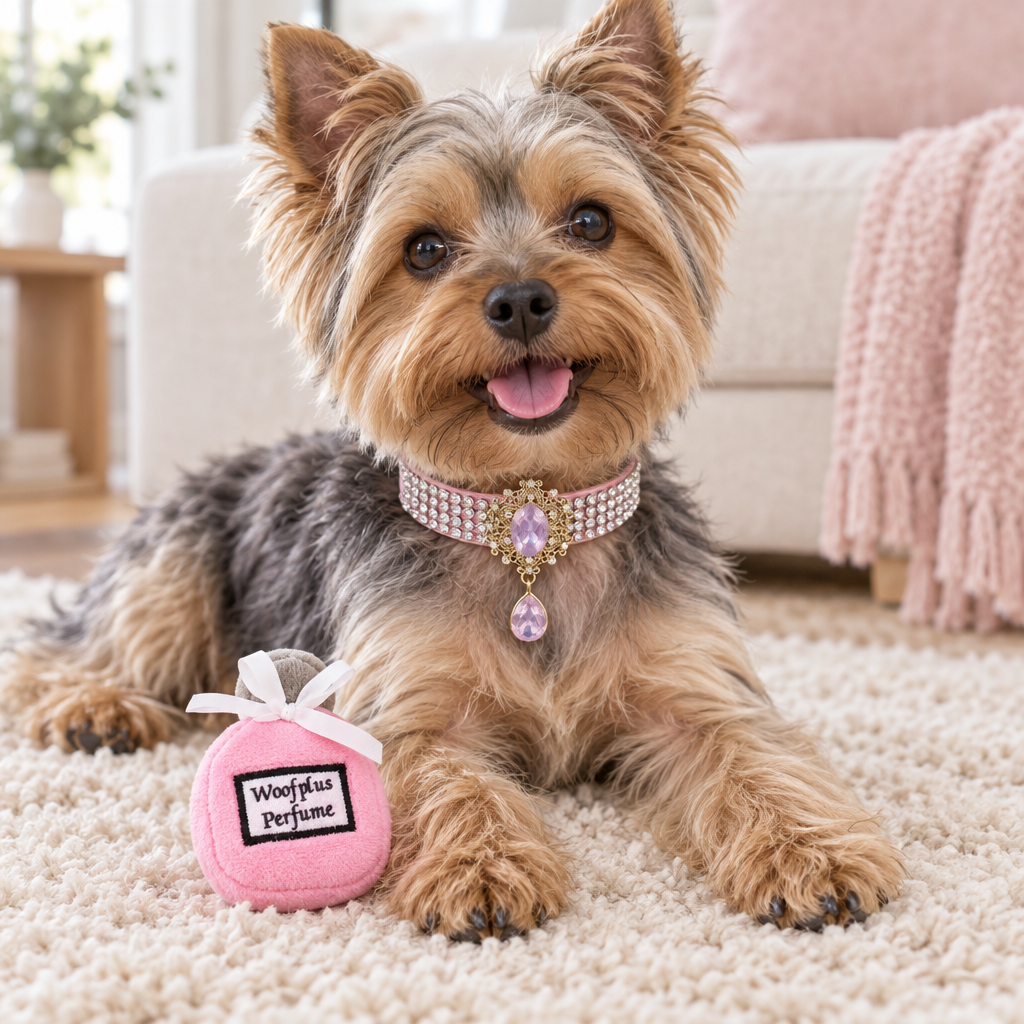 Square Yorkie lifestyle photo wearing pink jeweled collar beside miniature perfume plush