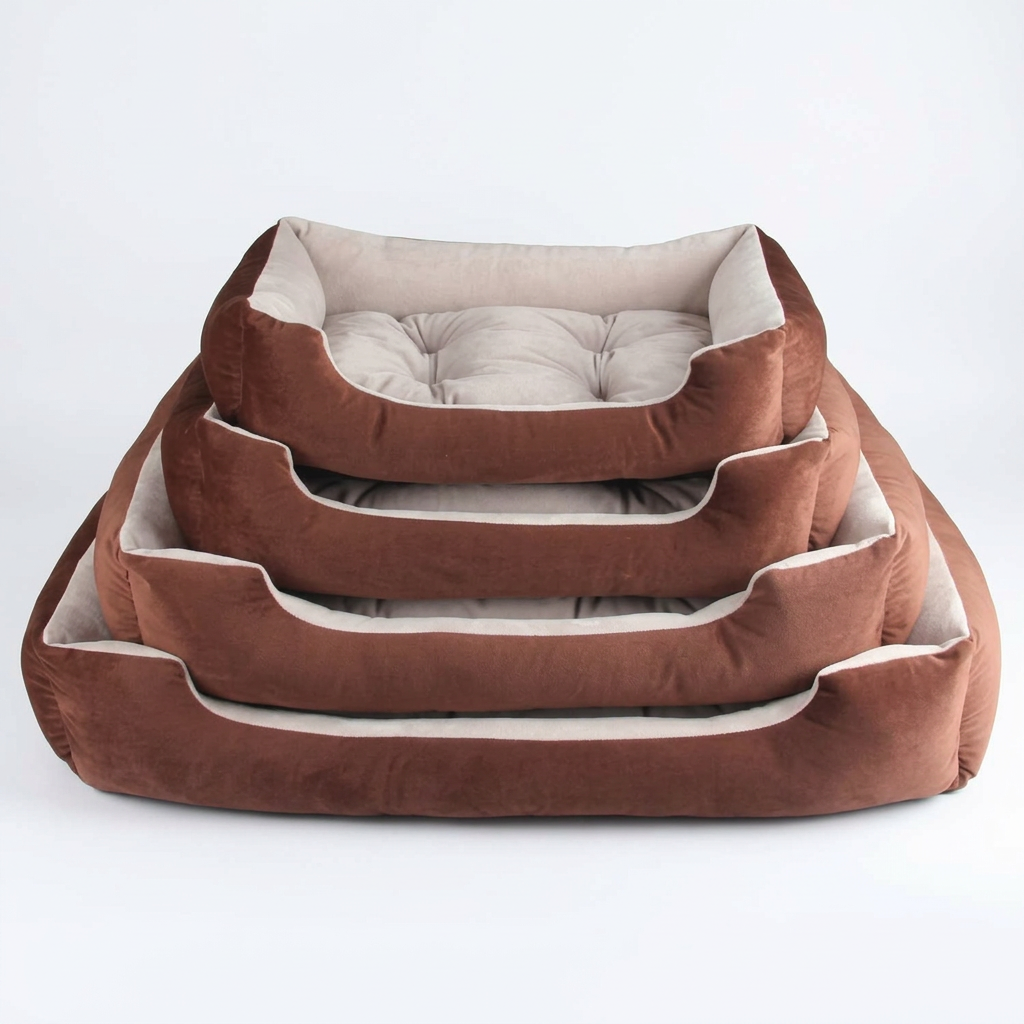 Stacked brown pet beds in square format