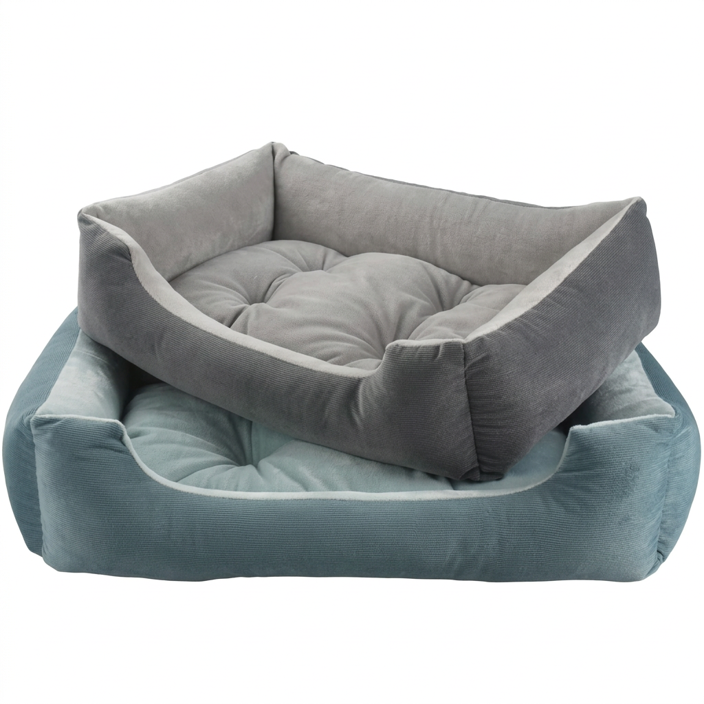 Stacked gray and blue pet beds in square format