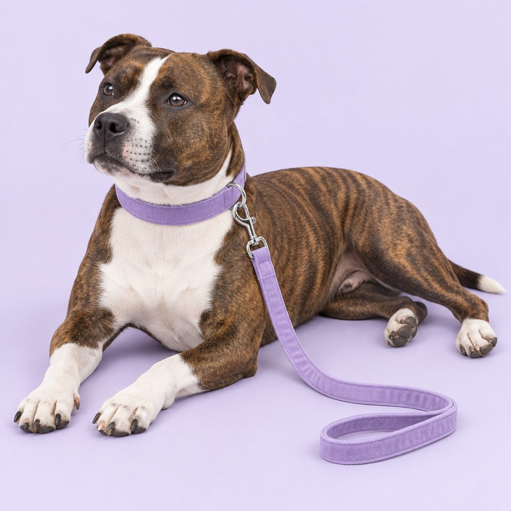 Staffy lounging with light-purple collar and leash