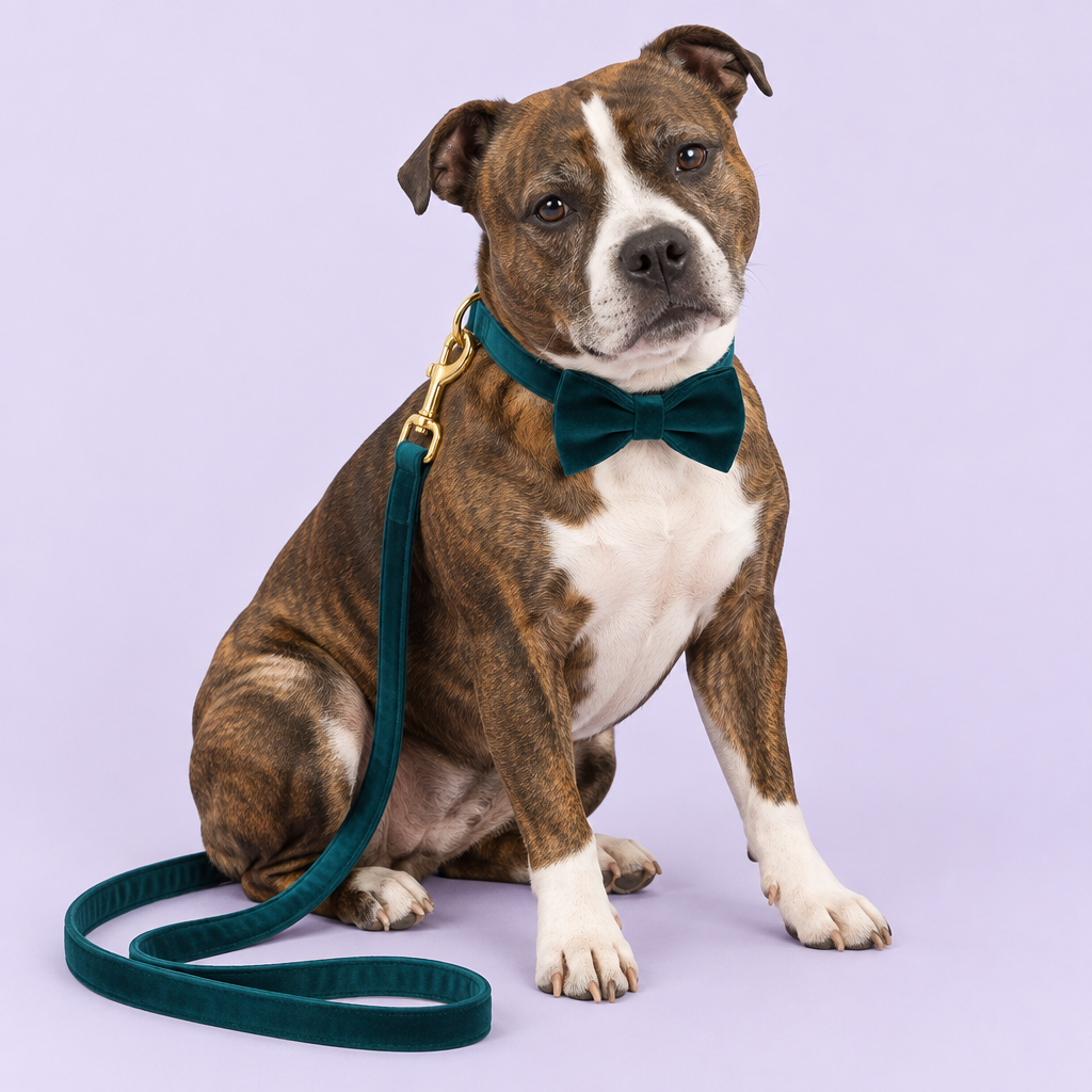 Staffy sitting with teal velvet bow collar and leash