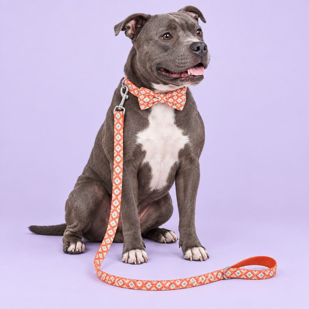 Staffy wearing geometric bow collar and leash