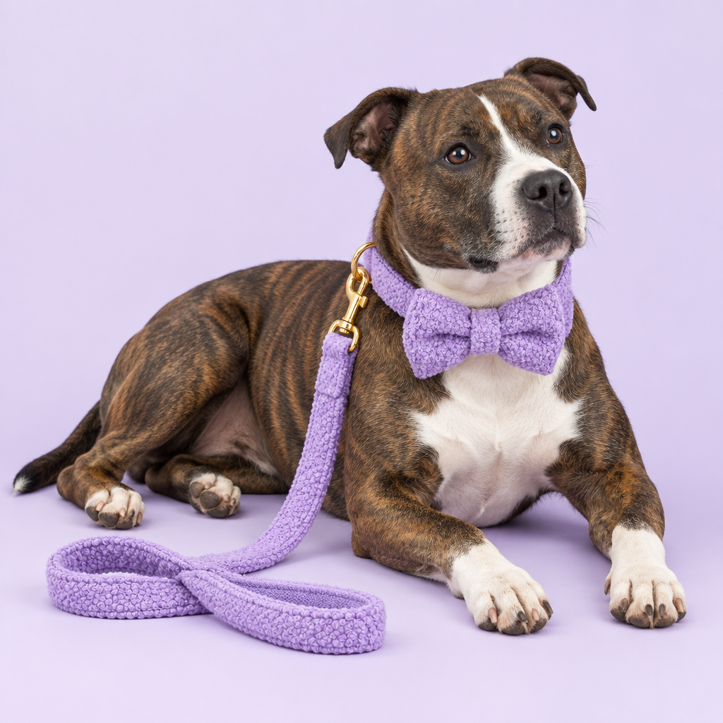Staffy with purple teddy-fleece bow tie collar and leash
