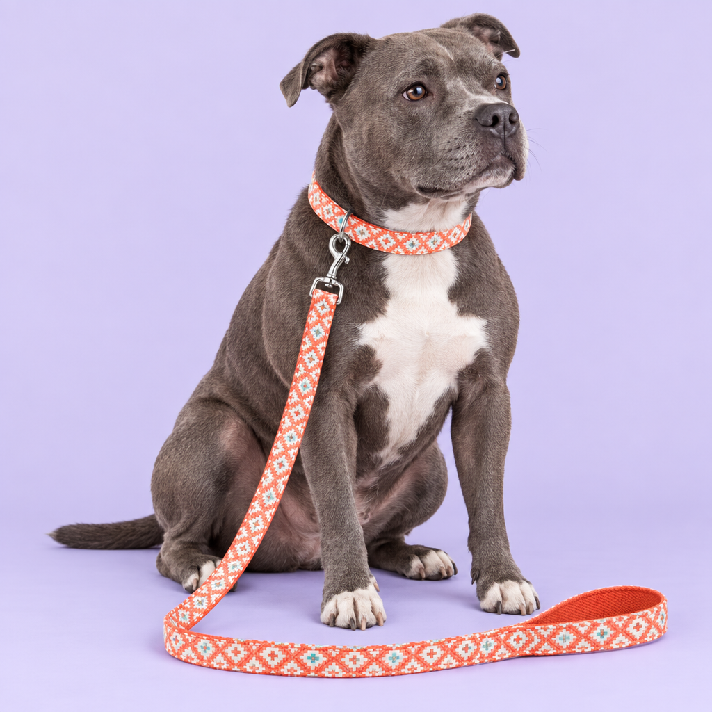 Staffy with revised geometric collar and leash