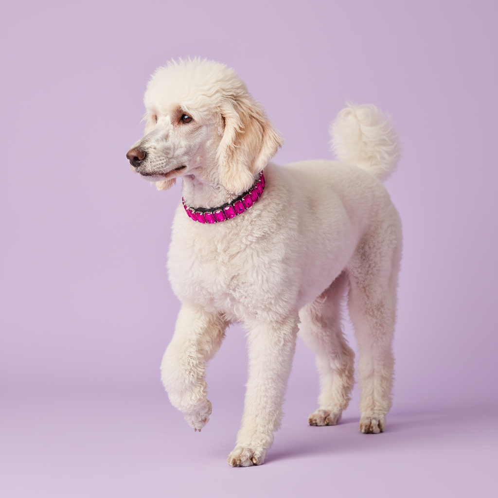 Standard Poodle wearing a hot pink rhinestone collar against a soft lavender studio background.