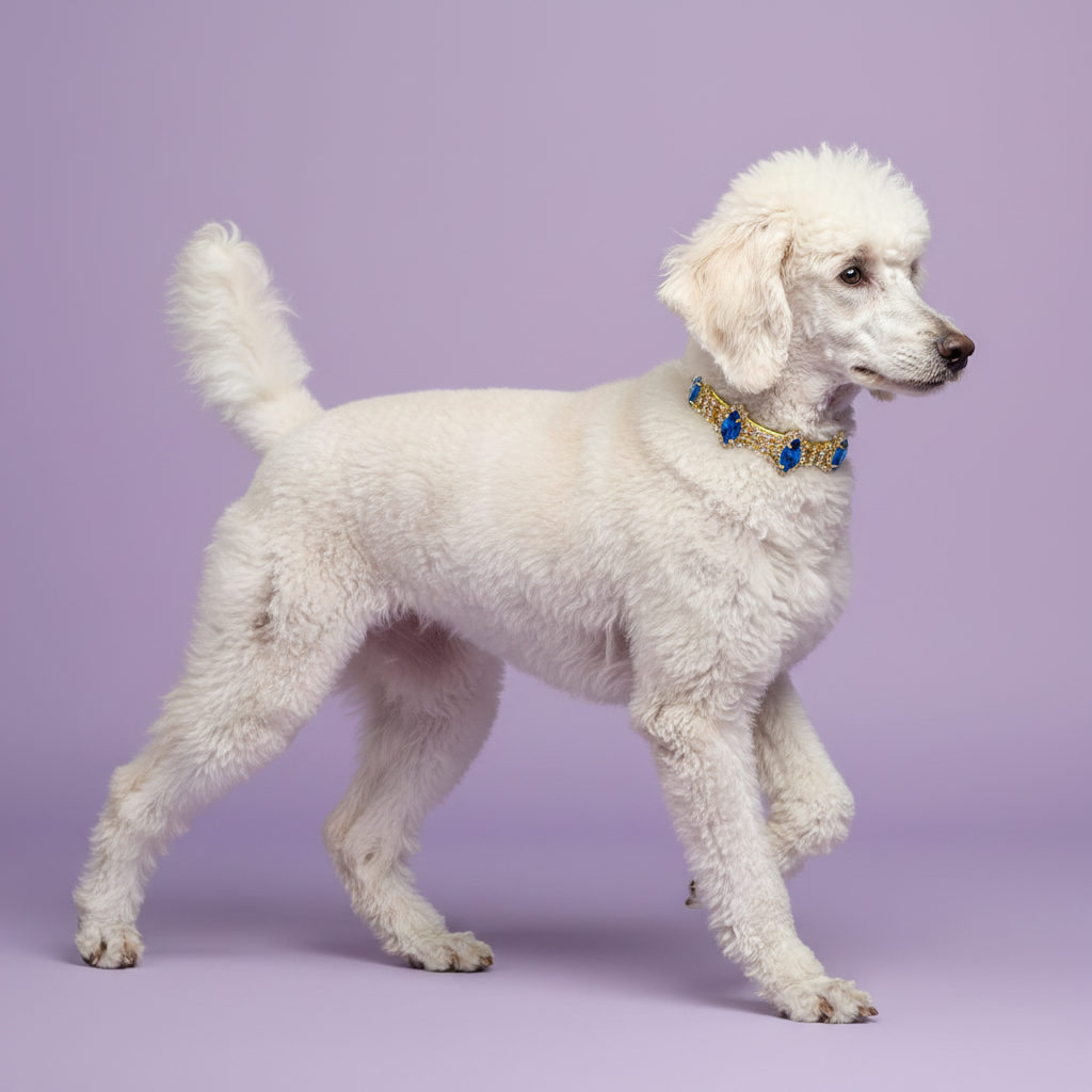White Standard Poodle trotting in profile wearing a gold rhinestone dog collar with large sapphire blue marquise-cut crystal stones