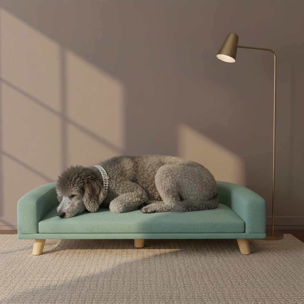 Standard poodle on teal-green couch