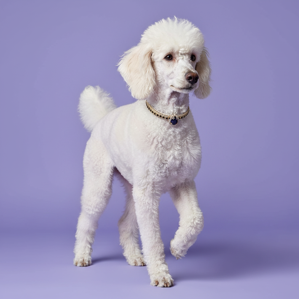 White Standard Poodle mid-prance in three-quarter view with one front paw raised wearing a black rhinestone collar with teardrop black onyx crystal pendant, luxury dark crystal dog collar for large breeds on lavender background