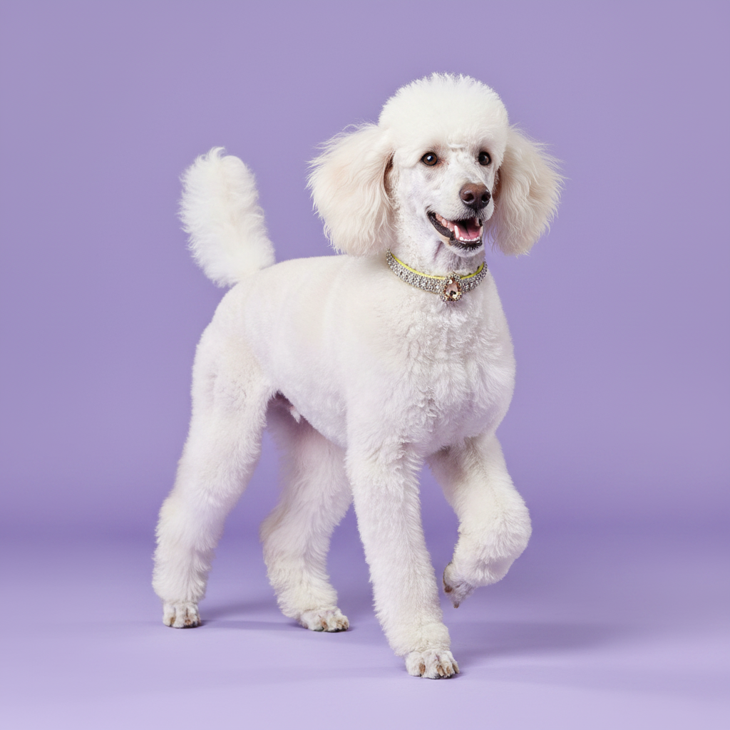 White Standard Poodle mid-prance in full profile view with mouth open and one front paw raised wearing a clear crystal rhinestone collar with oval pink crystal pendant, luxury diamond dog collar for large breeds on lavender background