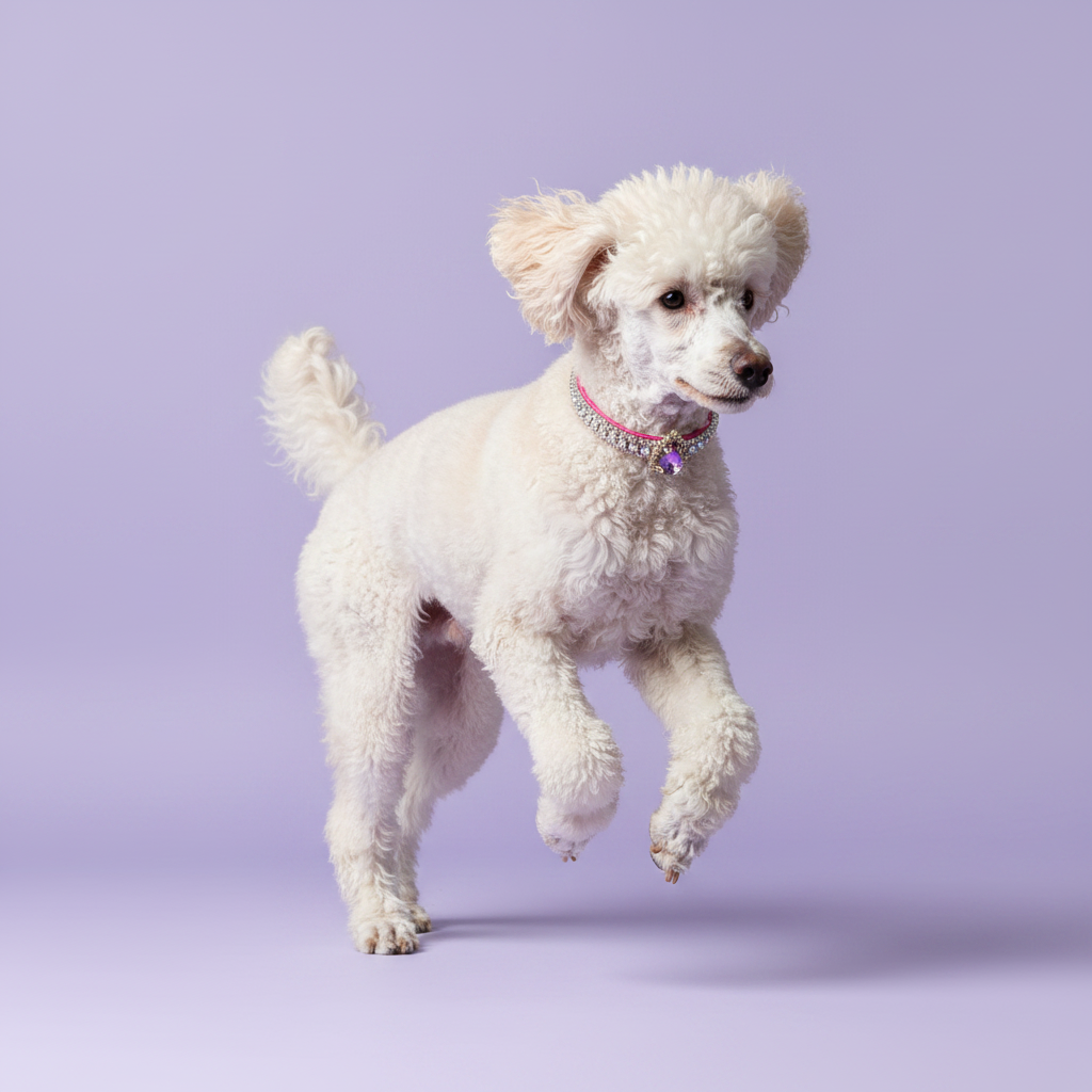 White Standard Poodle mid-run in three-quarter view with two paws raised wearing a pink rhinestone collar with purple crystal pendant, luxury crystal dog collar for large breeds on lavender background