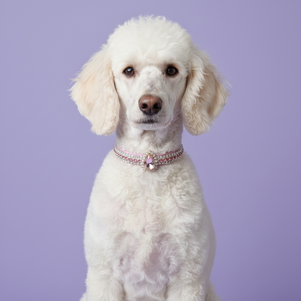 Cream Standard Poodle sitting tall and facing camera wearing a pink AB iridescent rhinestone collar with teardrop pink amethyst crystal pendant, luxury gemstone dog collar for large breeds on lavender background