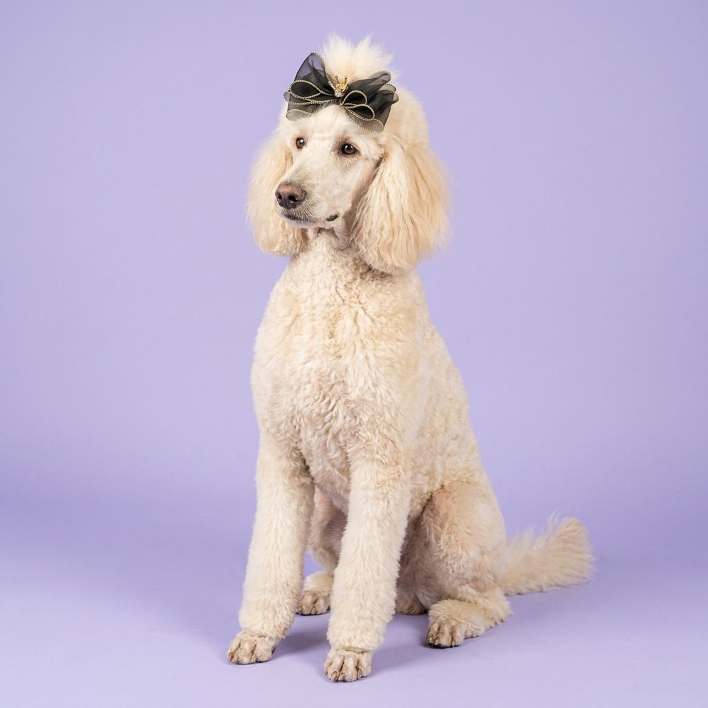 Standard poodle wearing the black-and-gold crown bow