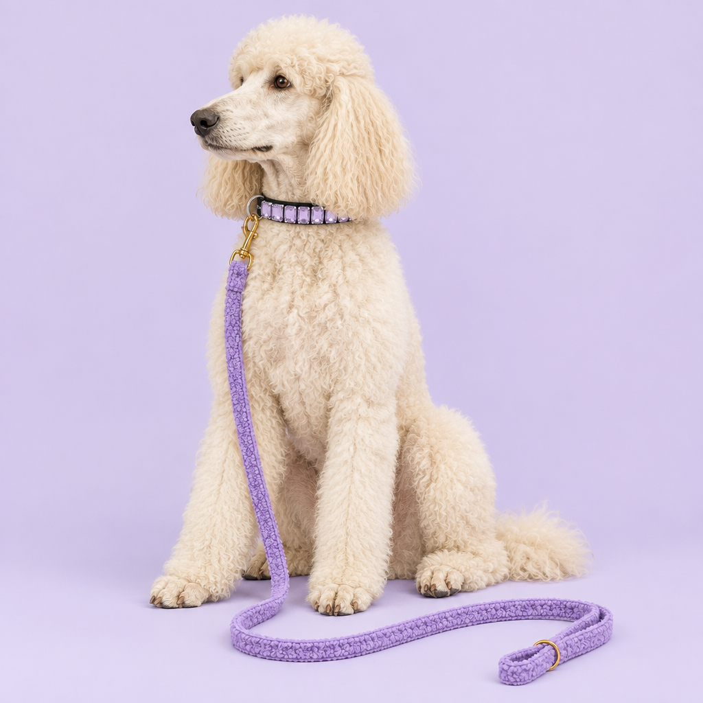 Standard poodle with lavender crystal collar and teddy-fleece leash