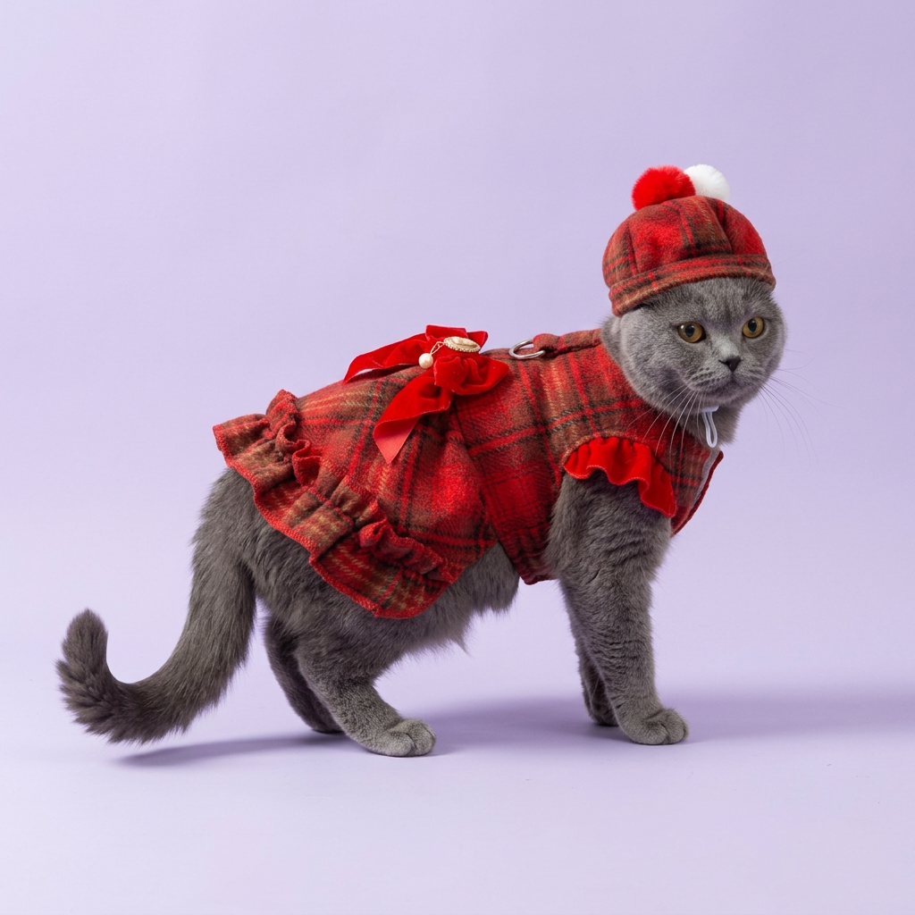 Standing British Shorthair in the tartan dress and matching hat