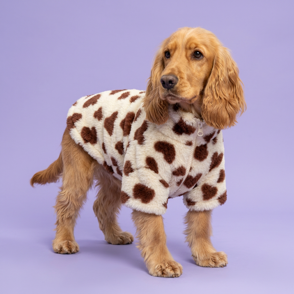Standing Cocker Spaniel in the ivory heart jacket