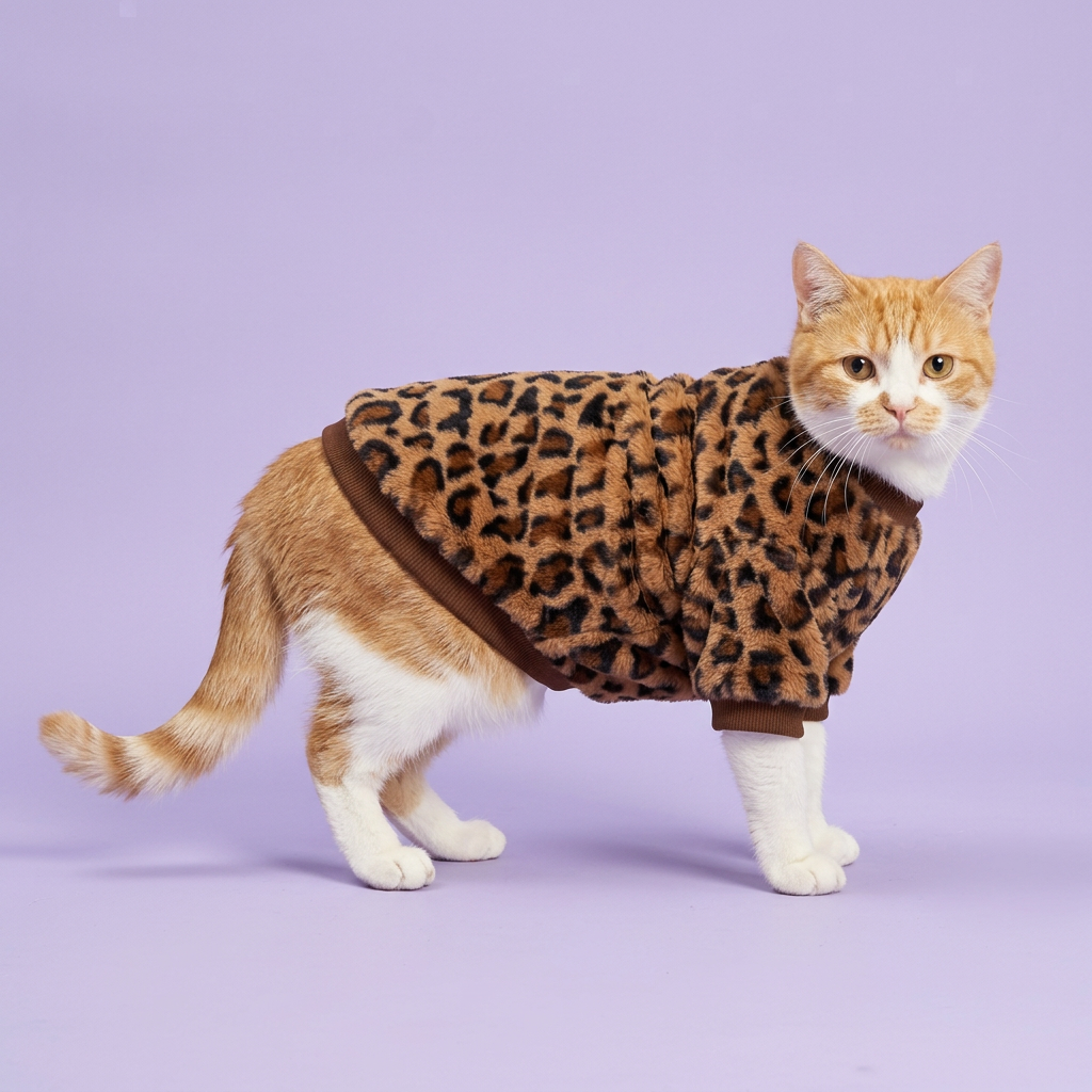 Standing ginger-and-white cat in the leopard sweatshirt