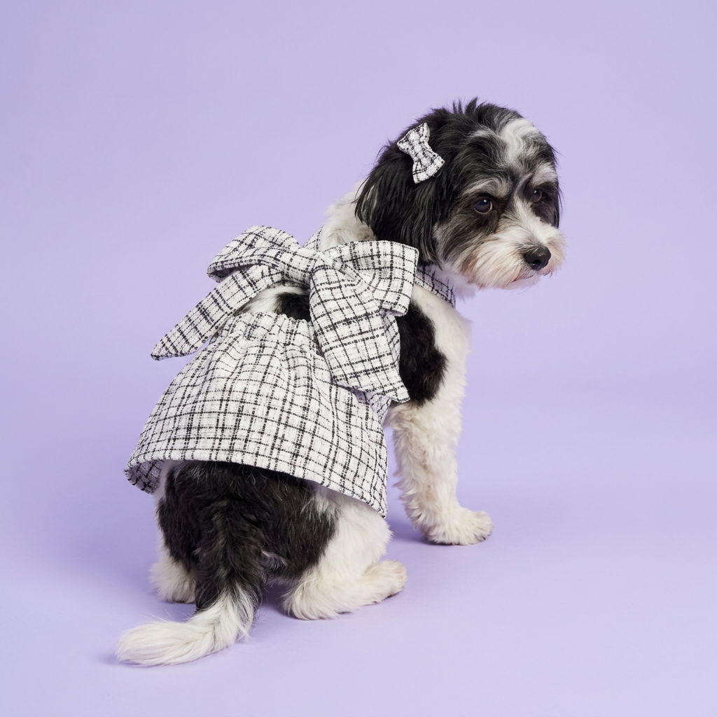 Standing Havanese wearing the checked bow dress