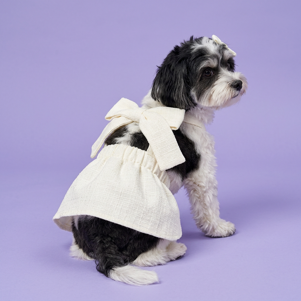 Standing Havanese wearing the ivory bow dress