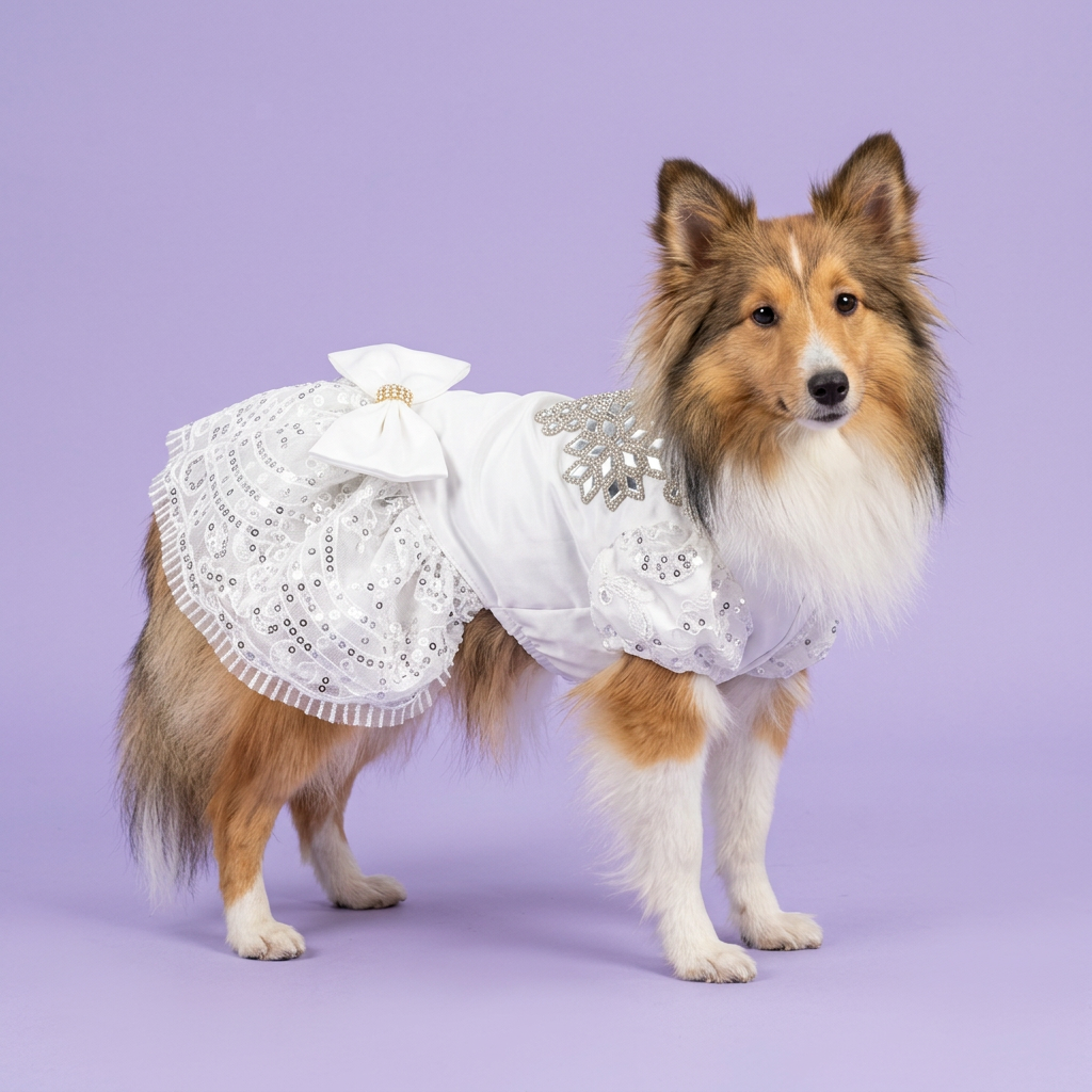 Standing sable-and-white Sheltie in the jeweled white dress