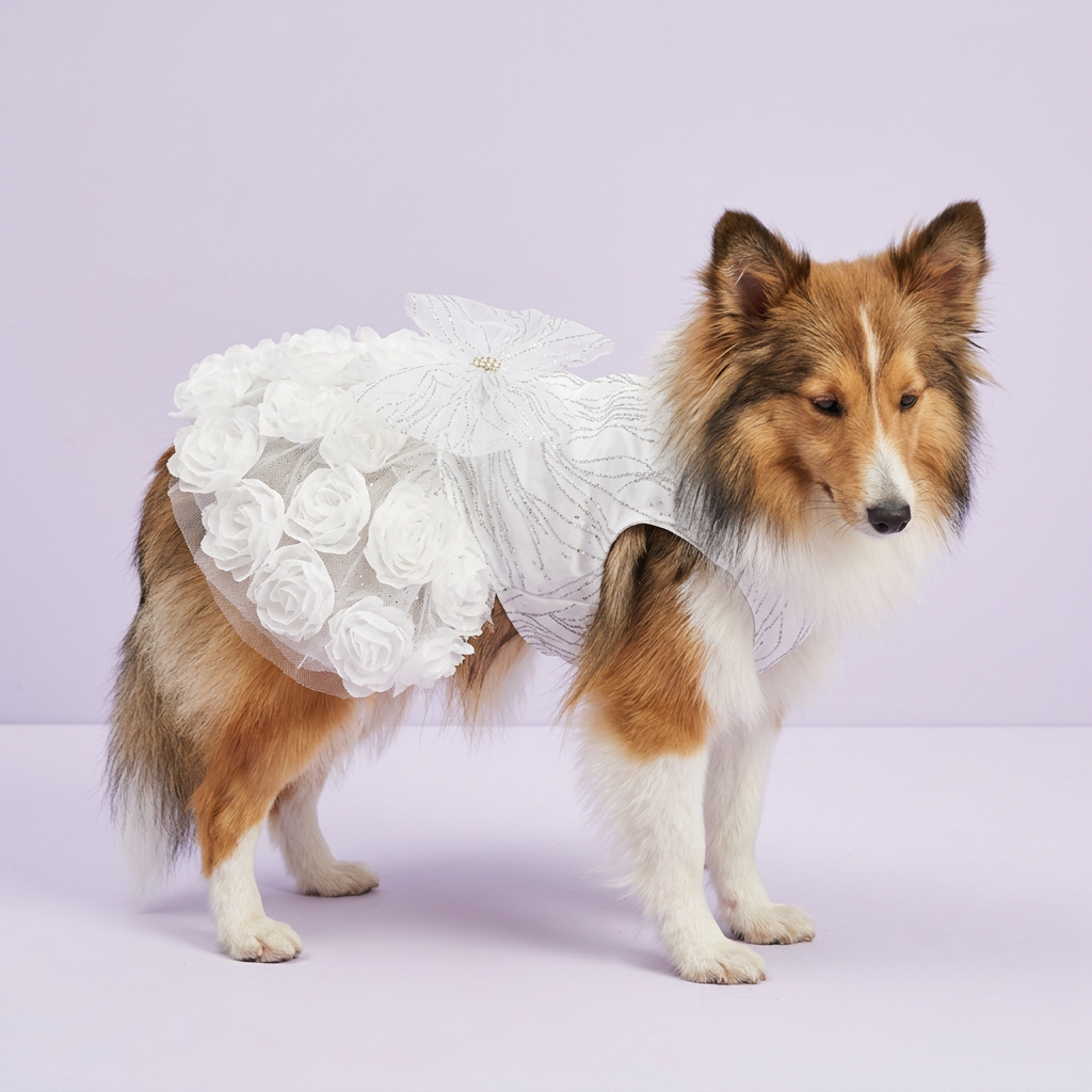 Standing sable-and-white Sheltie in the white rosette dress