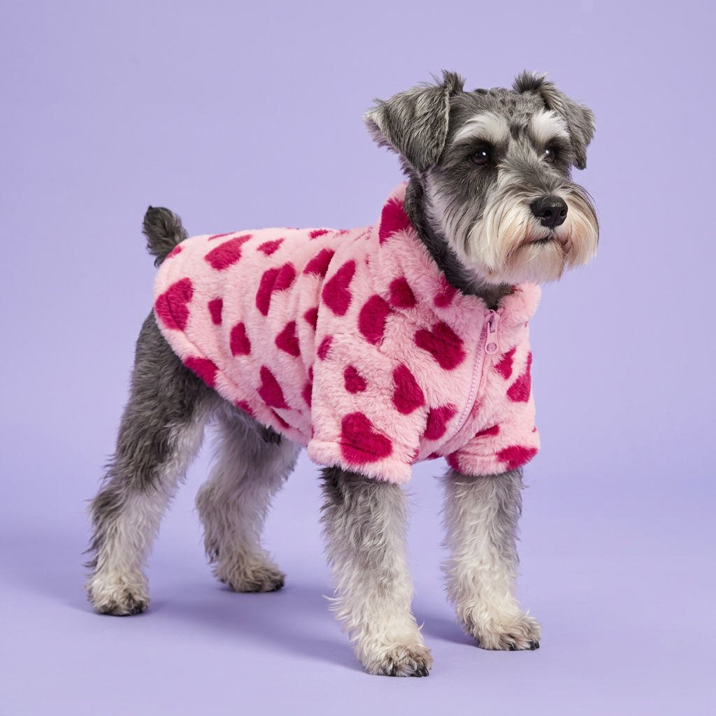 Standing schnauzer in the pink heart jacket