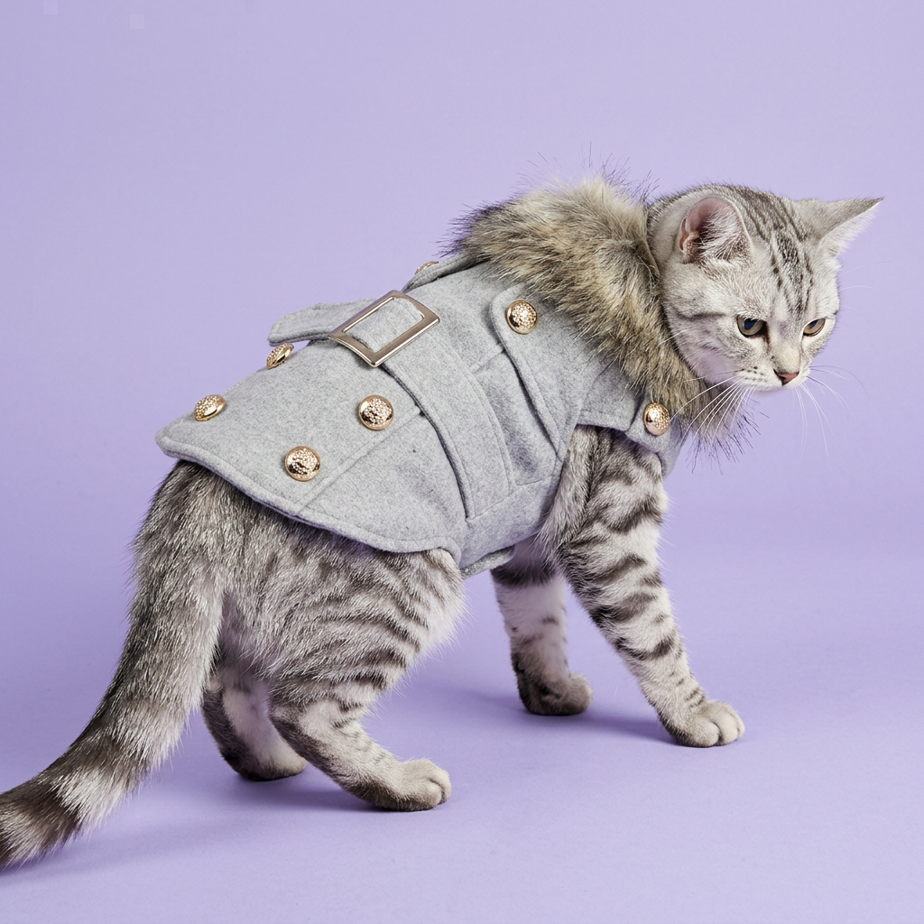 Standing silver tabby wearing the grey jacket