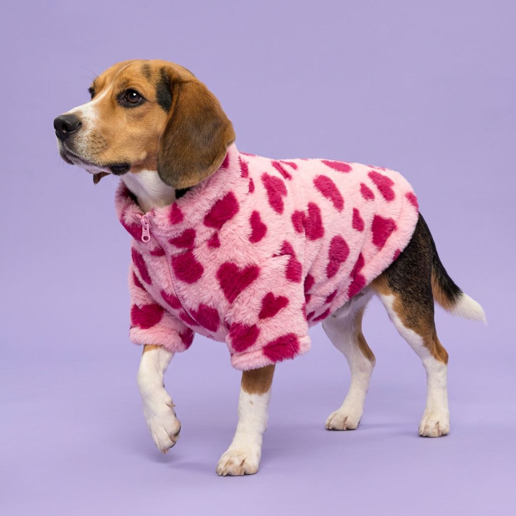 Stepping Beagle in the pink heart jacket