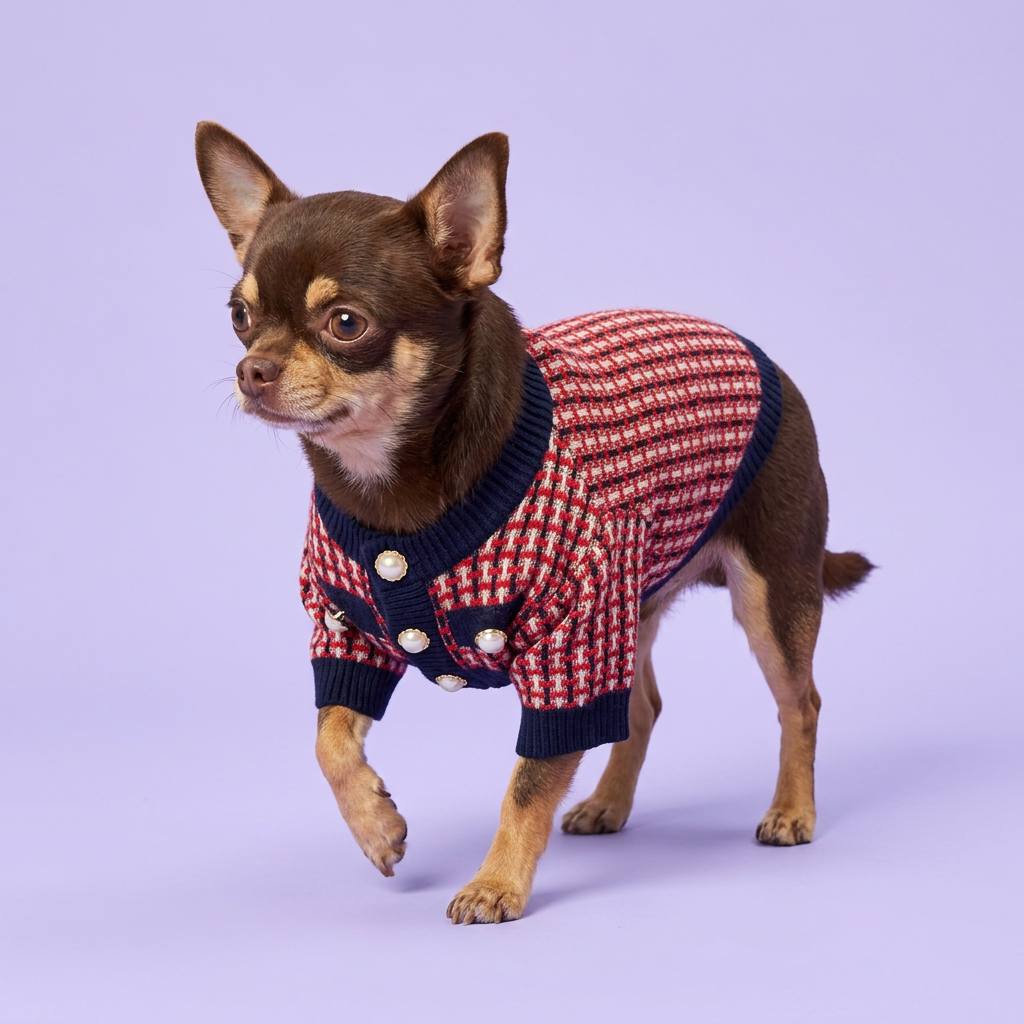 Stepping Chihuahua in the red checked sweater