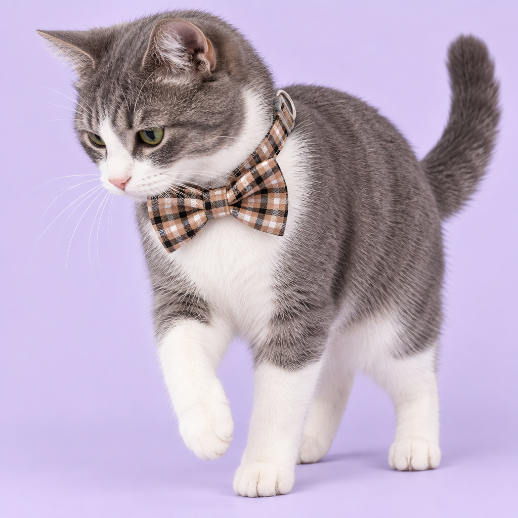 Stepping grey-and-white cat