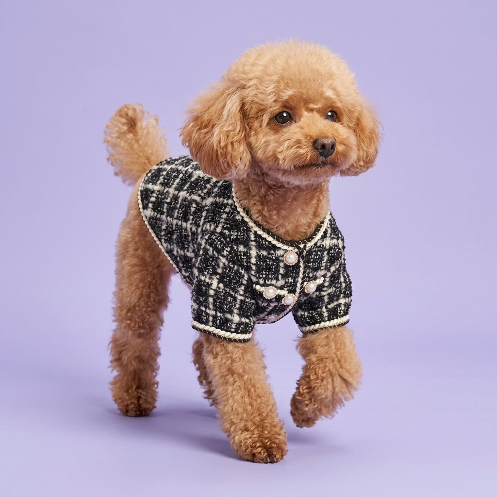 Stepping poodle wearing the tweed jacket