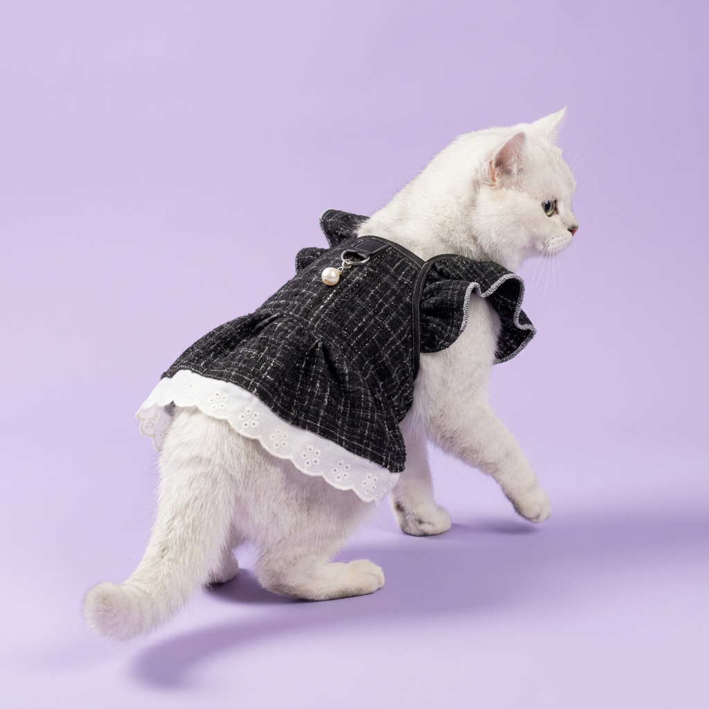 Stepping white cat in the black ruffled dress