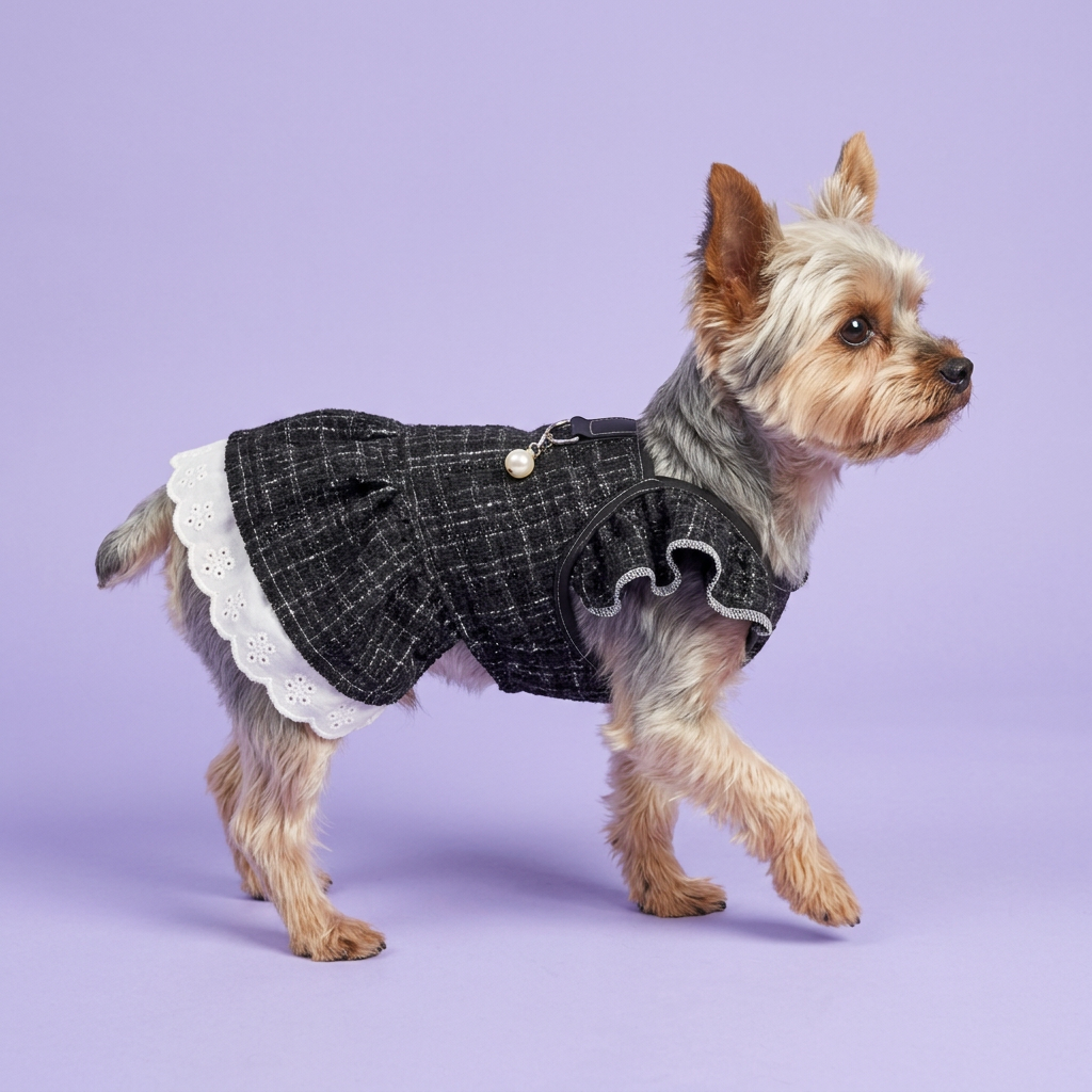 Stepping Yorkie in the black ruffled dress