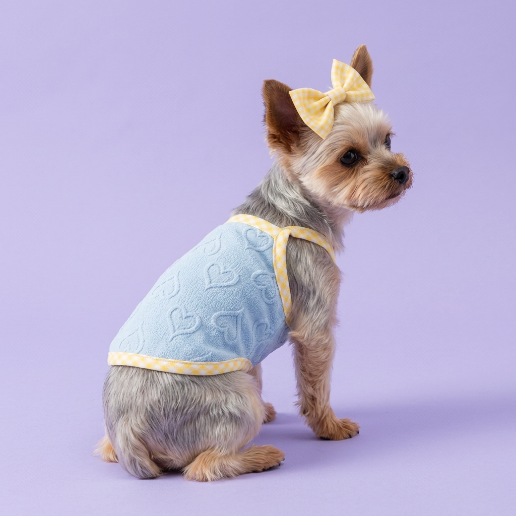Stepping Yorkie wearing the blue heart top and yellow bow