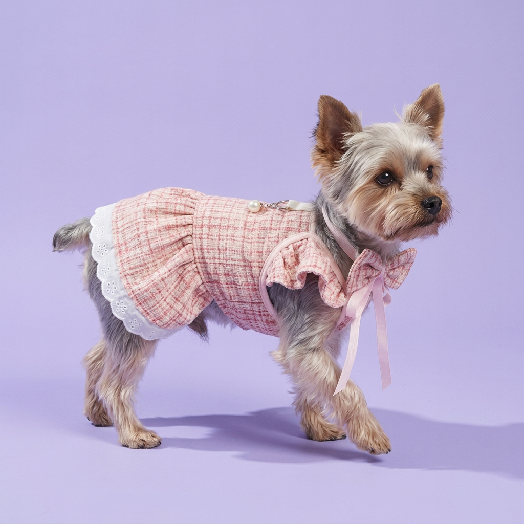 Stepping Yorkie with a neck-tied bow