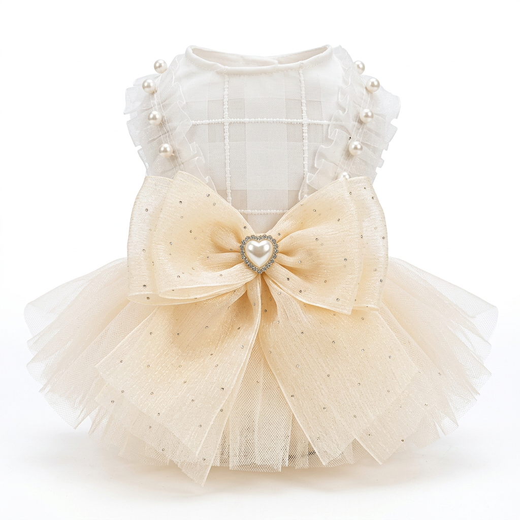 Straight-on ivory pet dress with pearl details and embellished bow on a square white background