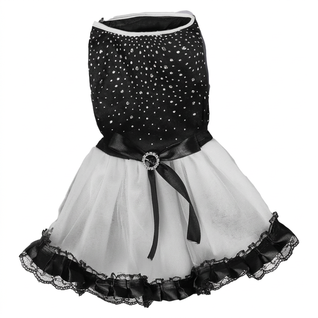 Straightened black-and-white pet dress on a square white background