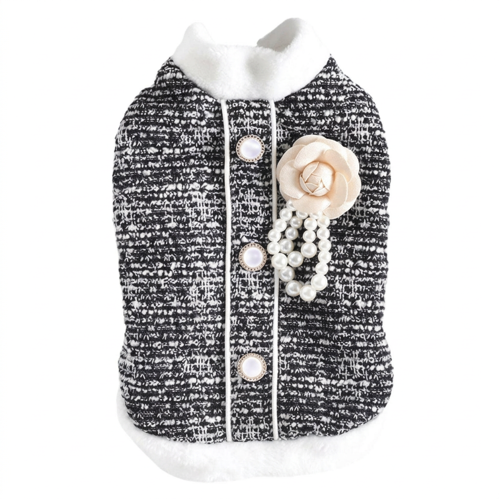 Straightened black-and-white tweed pet jacket on white