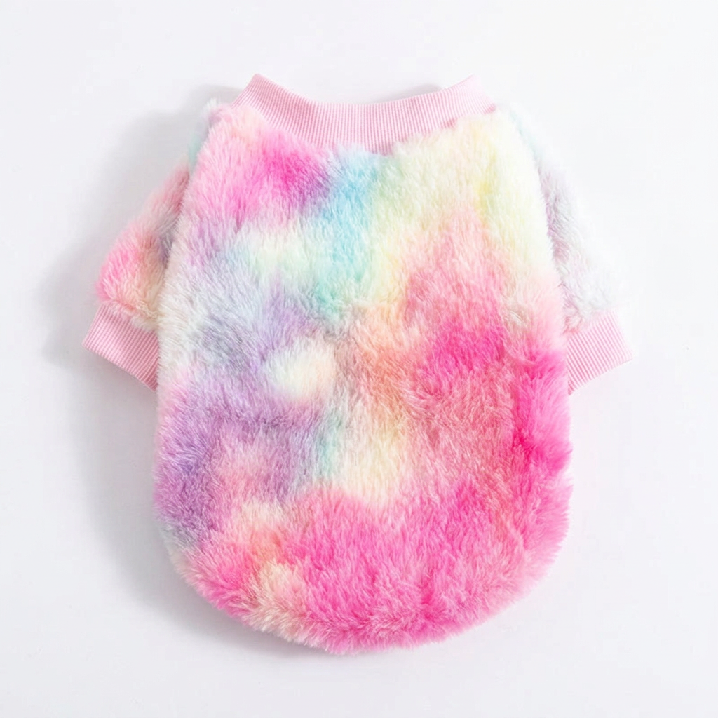Straightened pastel fluffy sweater, back view on white
