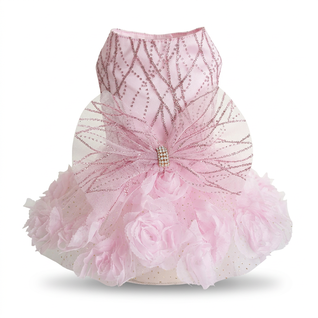 Straightened pink rosette pet dress on a clean white square background