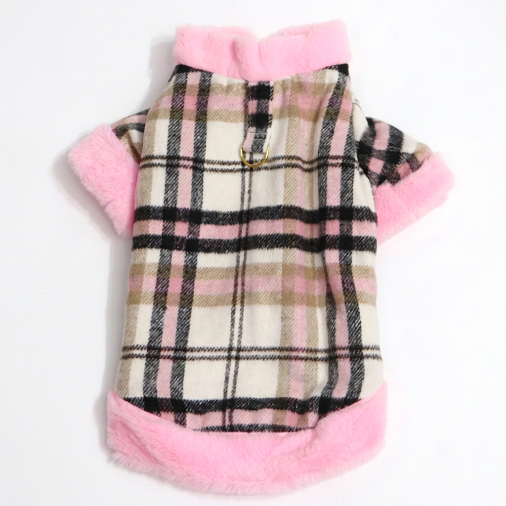 Straightened plaid jacket laid flat on a pure white background