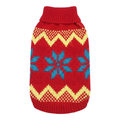 Straightened red sweater with blue snowflakes