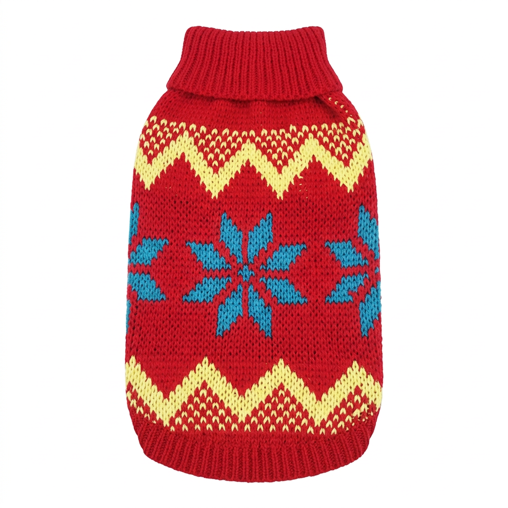 Straightened red sweater with blue snowflakes