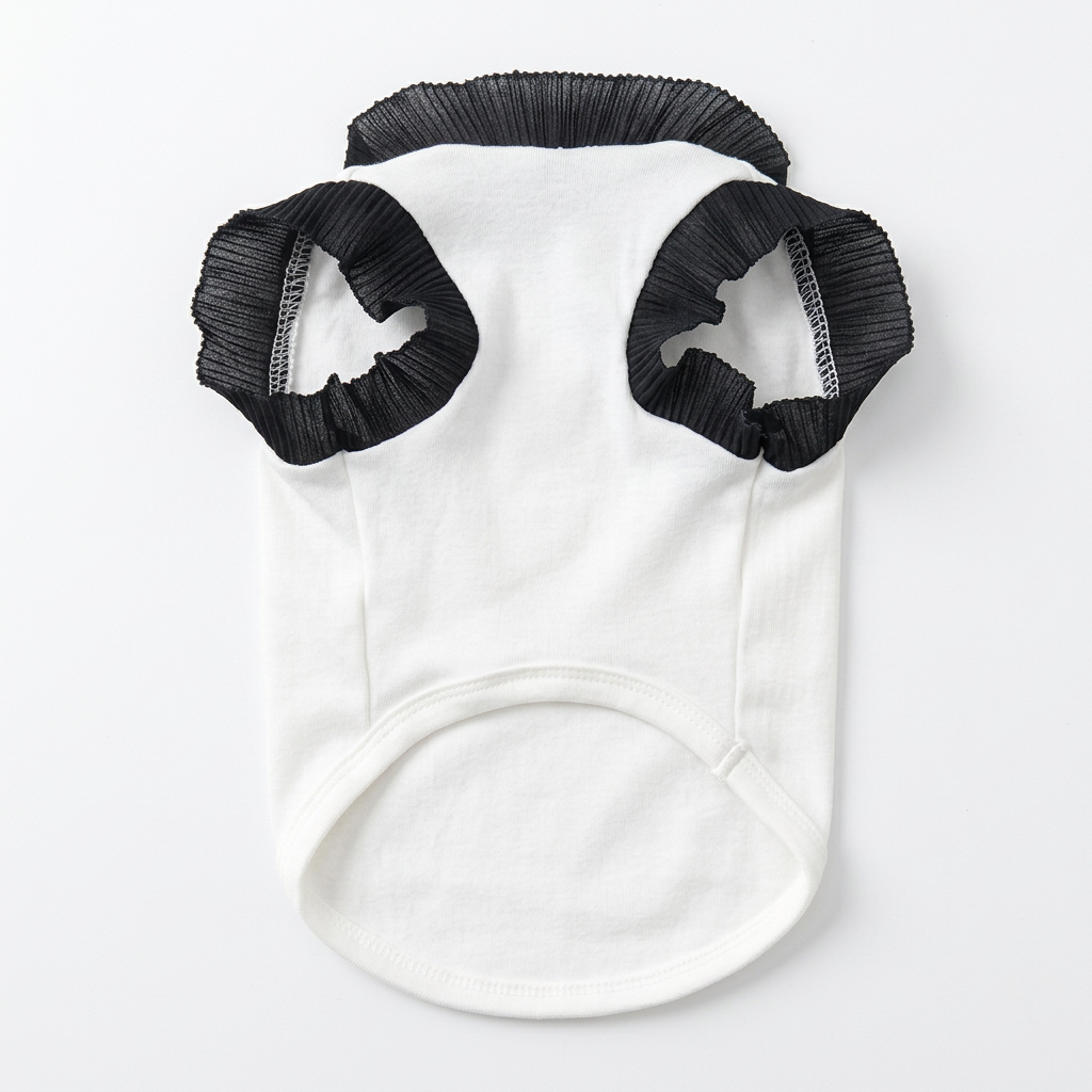 Straightened reverse view of the white pet top with black ruffles on a square white background