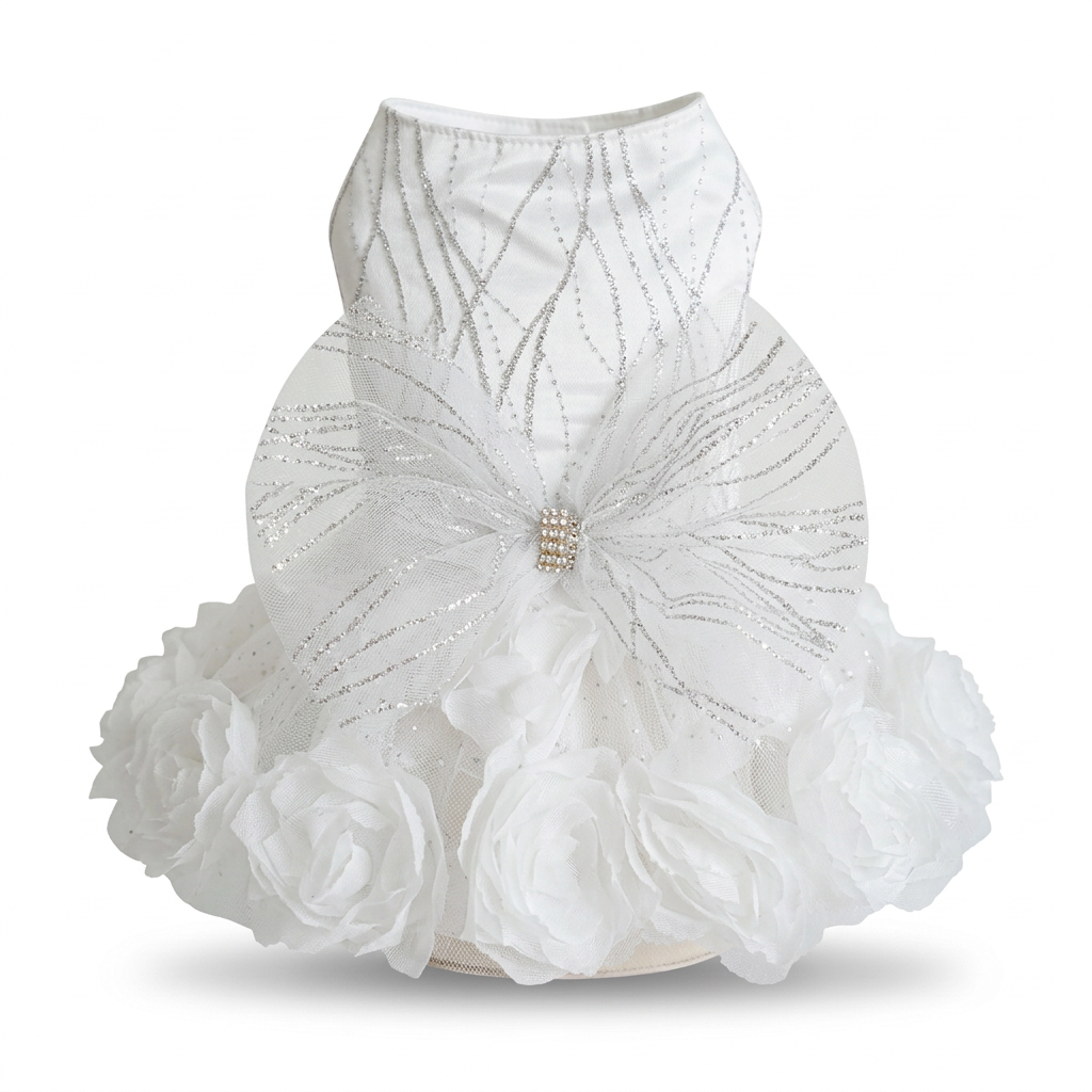 Straightened white rosette pet dress on a square white background