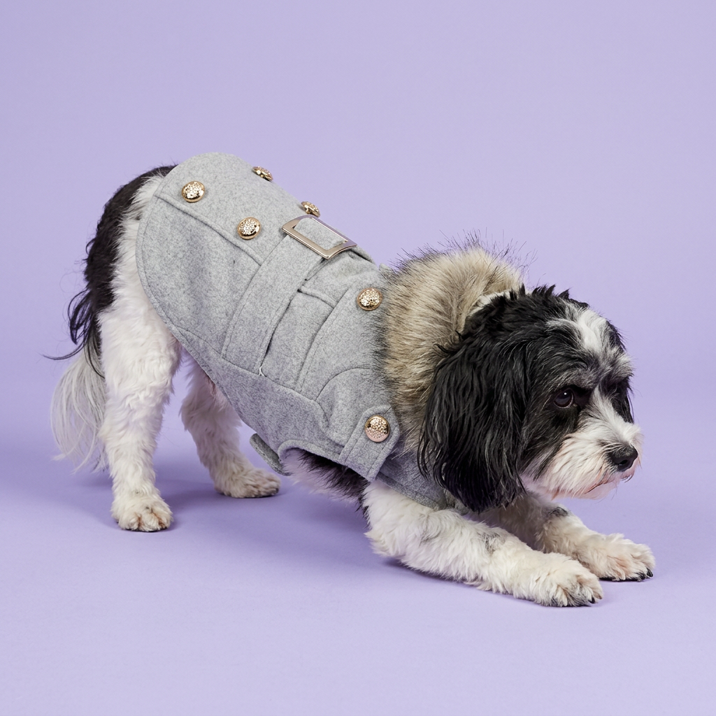 Stretching Havanese wearing the grey jacket