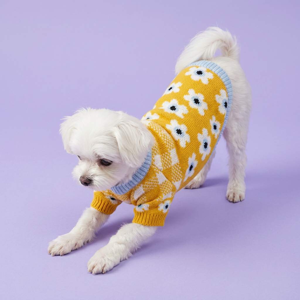 Stretching Maltese in the yellow daisy sweater