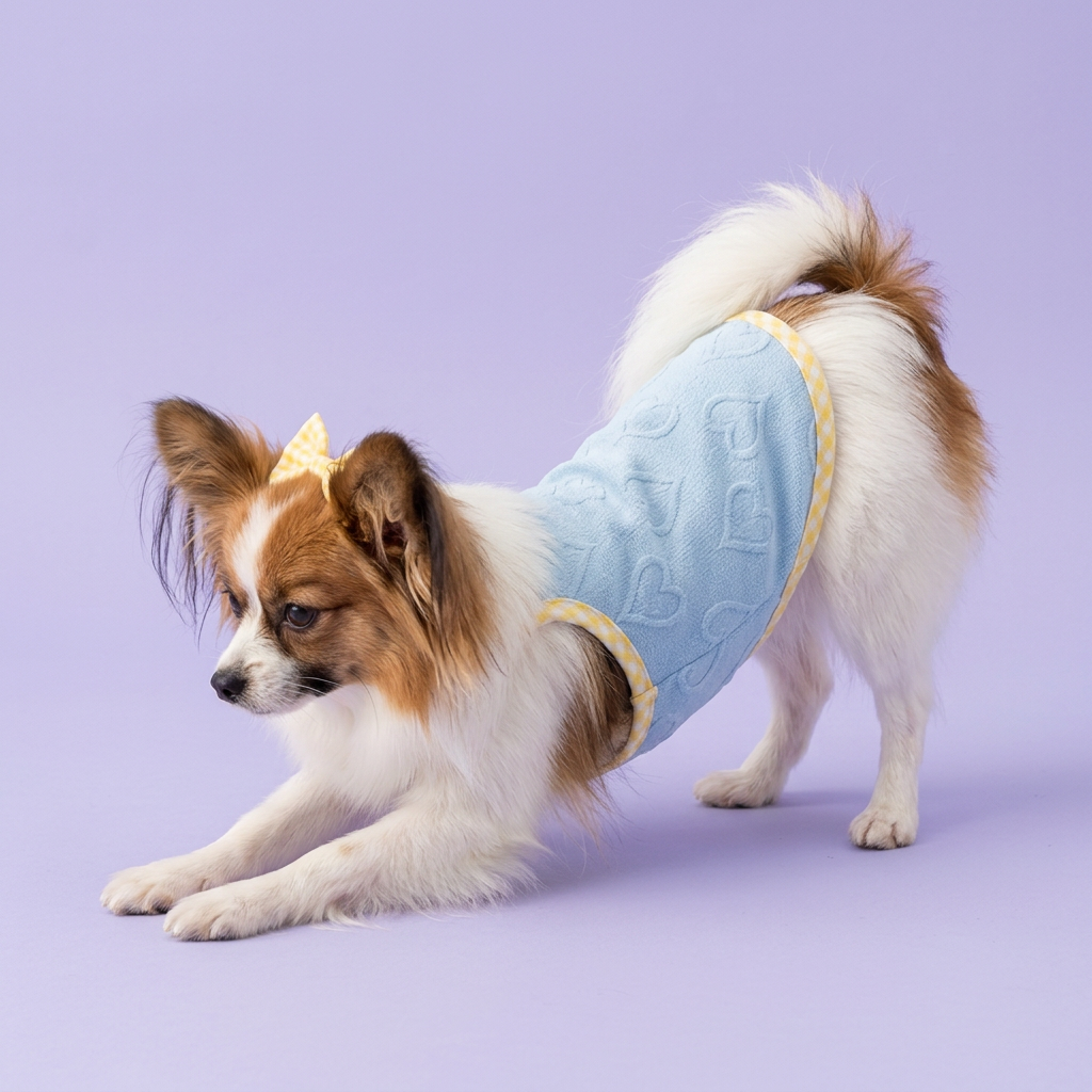 Stretching Papillon wearing the blue heart top