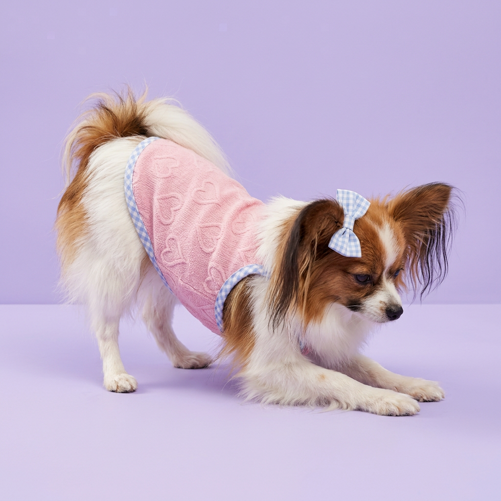 Stretching Papillon wearing the pink heart top