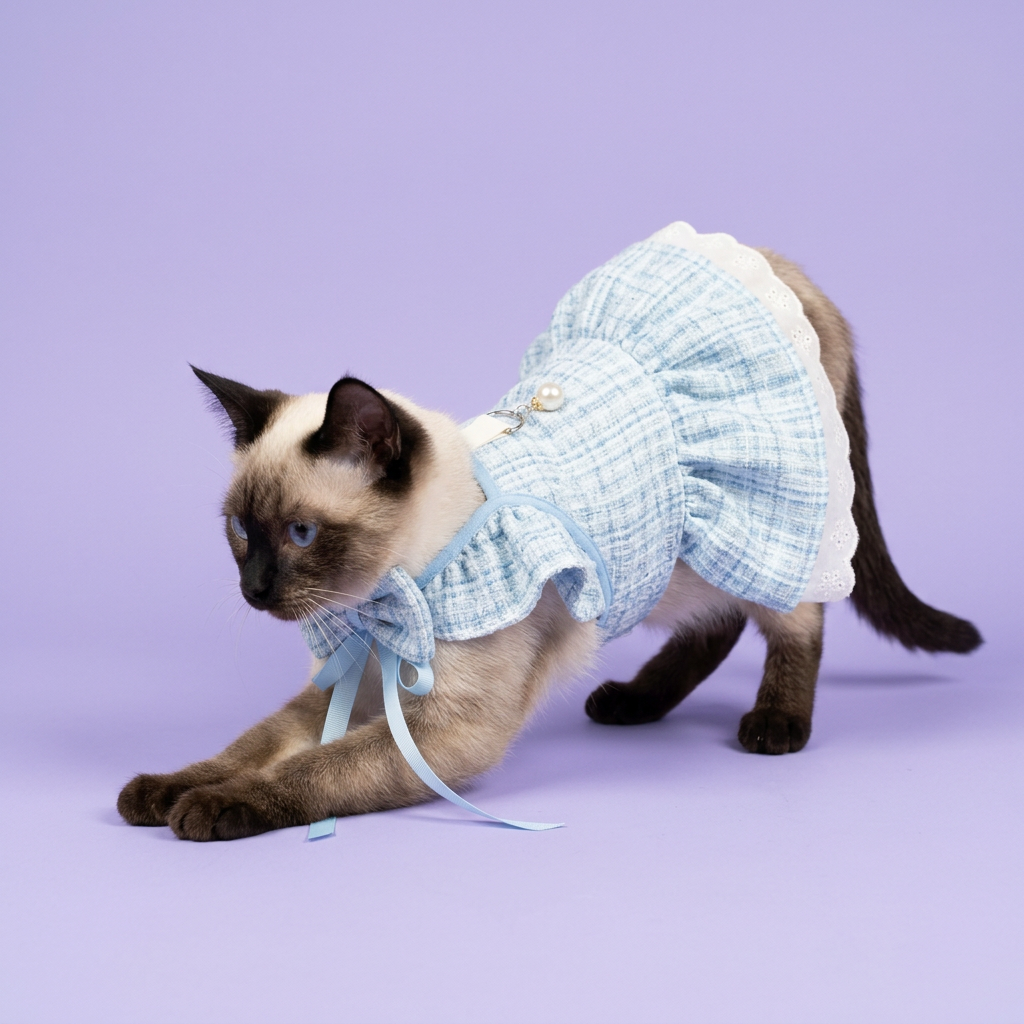 Stretching Siamese with a neck-tied bow and blue dress